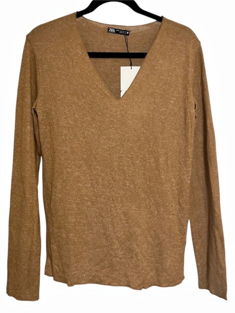 : ZARA Womens V Neck Knit Pullover Sweater Tan Camel Brown Long Sleeve Size M